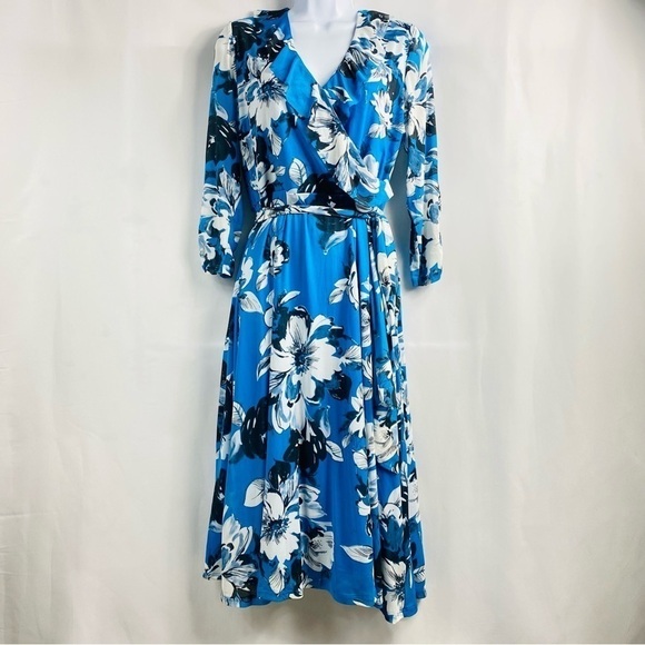 Robert Louis Women’s Sz Med. Blue W/ White Floral Ruffle V-Neck Faux Wrap Dress - Picture 7 of 7